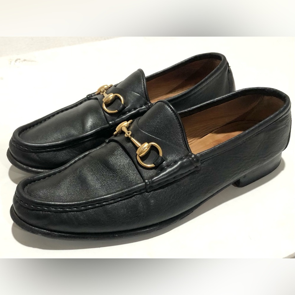 Gucci Black Leather Horsebit Loafers with Gold Hardware